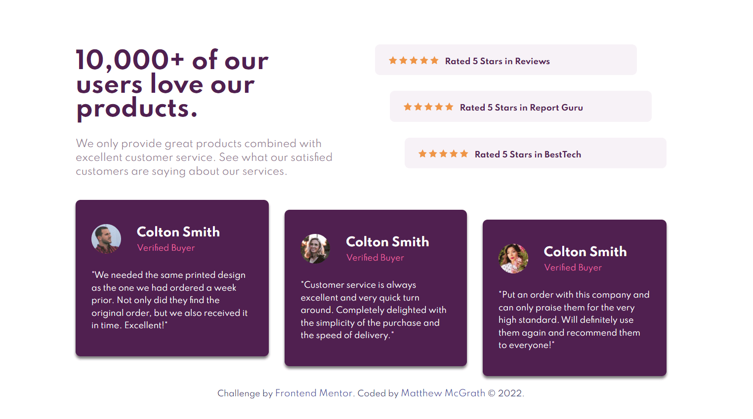 Preview of a website featuring three testimonials from its customers