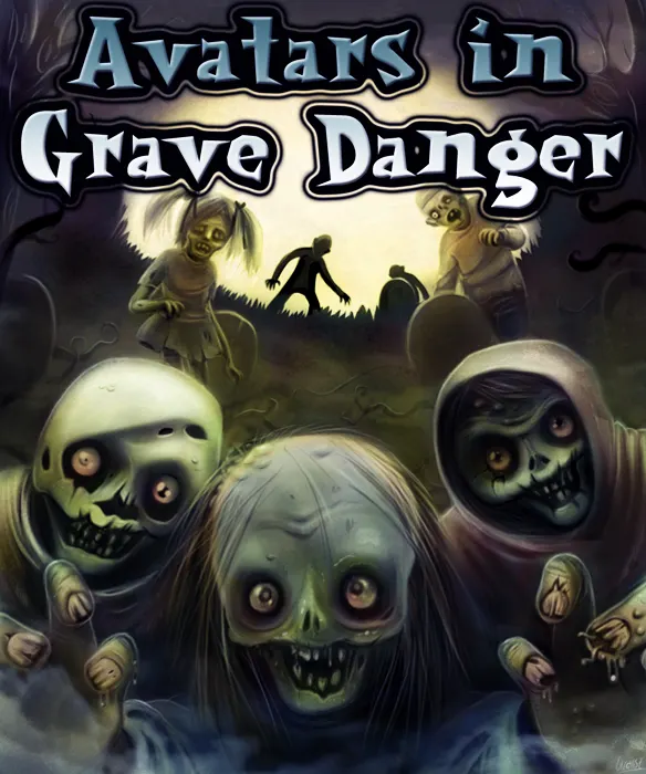 Light-hearted, cartoon zombies approaching the foreground of a graveyard