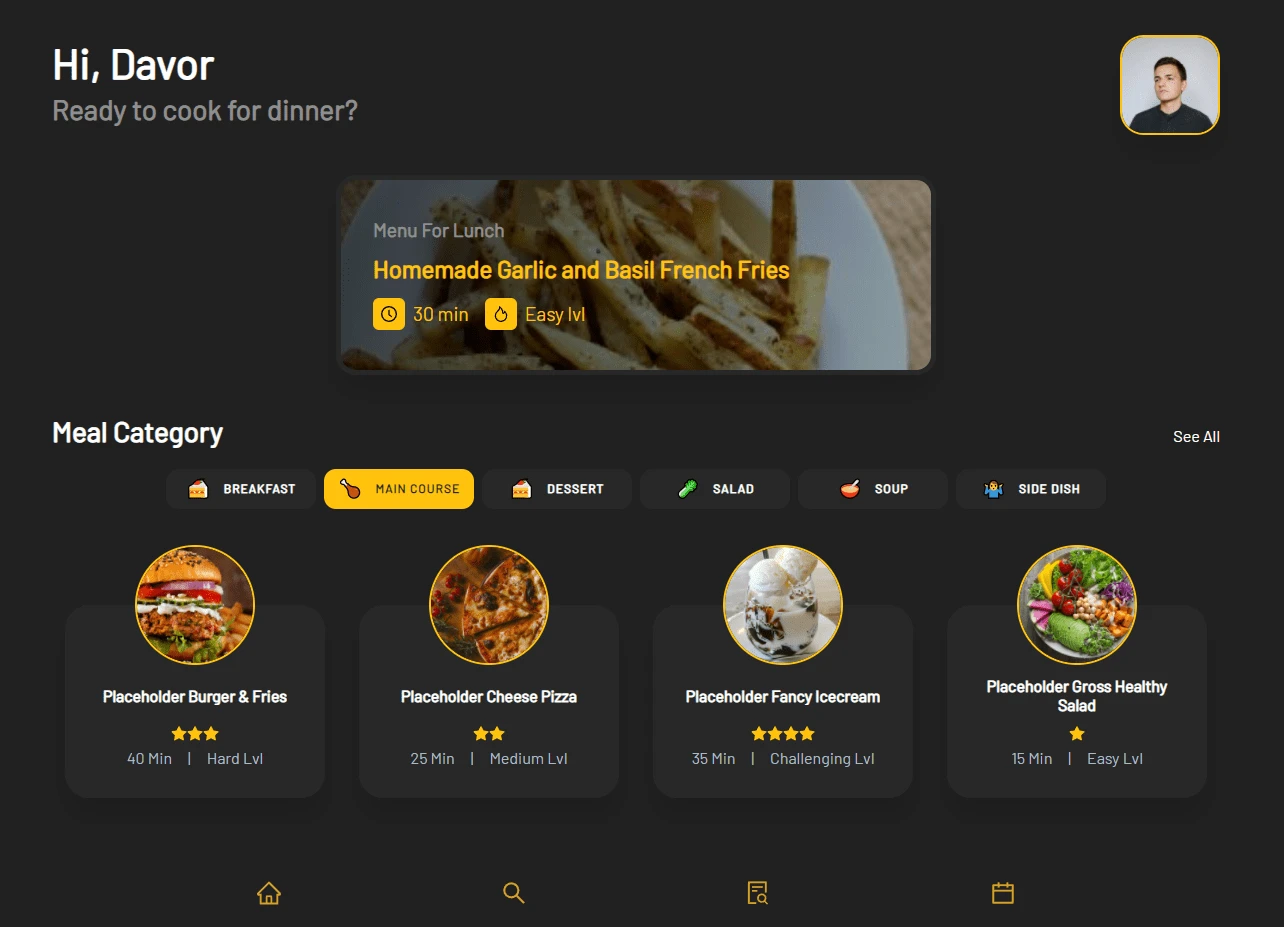 Preview of a meal-planning web app, showcasing a variety of meals and details about them